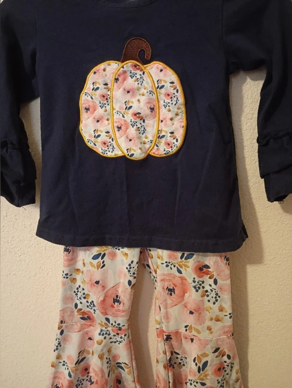 Navy Pumpkin Applique Top with Floral Bell Pants Set